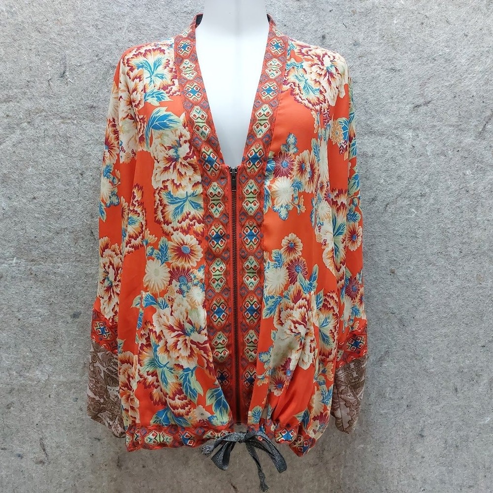 Free People Zip Front Jacket Womens XS Floral Boho Drawstring Orange Mixed Print